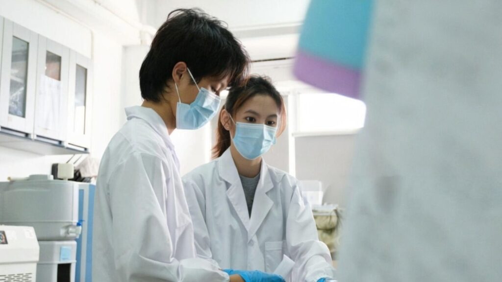 R&D engineer conducting concrete admixture testing in laboratory