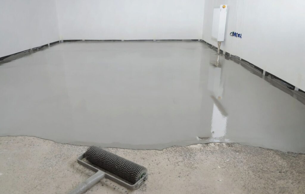 Self-leveling mortar application using construction chemical additives