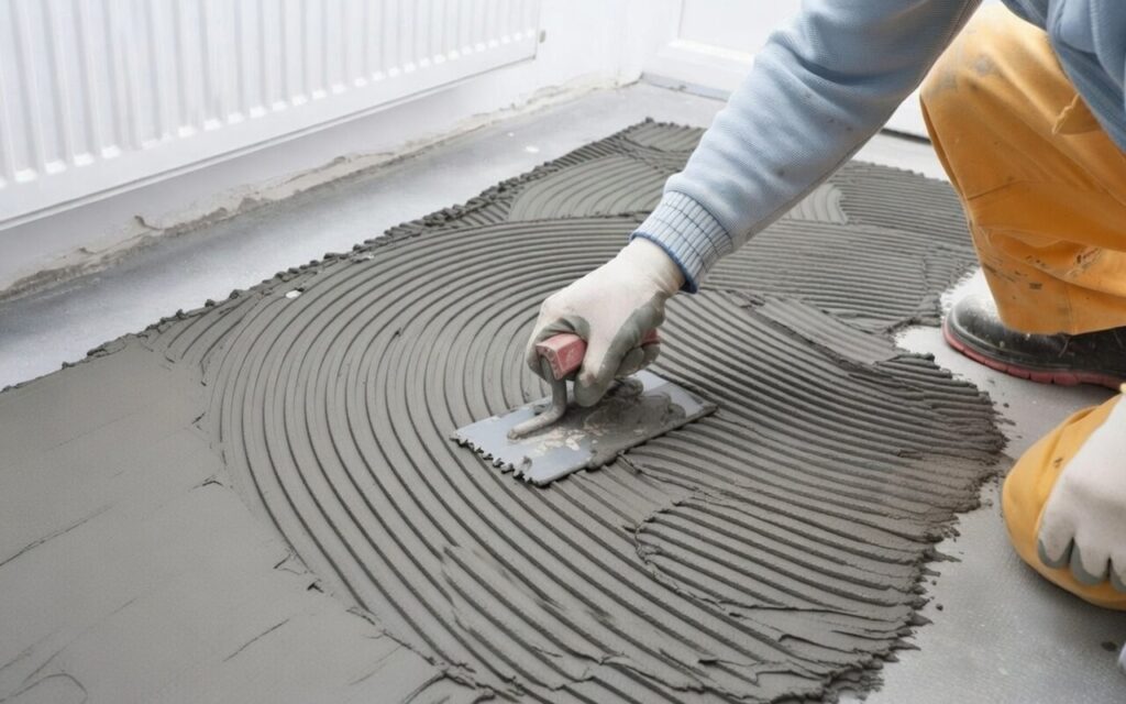 Tile adhesive applied for ceramic tile installation on wall and floor