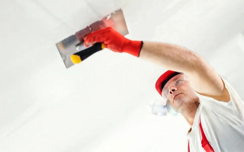 Wall putty applied on interior wall for surface smoothing and finishing