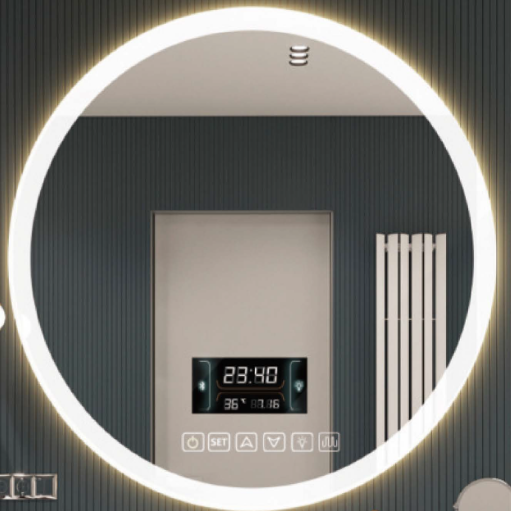 round led vanity mirror kwm r016 Round LED bathroom vanity mirror with backlighting, touch control, and anti-fog function.