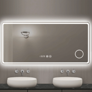 Rectangular LED vanity mirror with touch sensor and dimmable front lighting