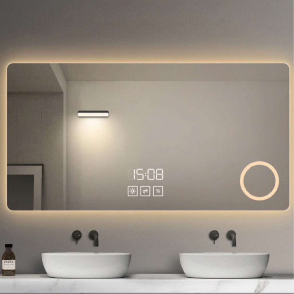 led bathroom mirror dimmable, defogger & bluetooth options kwm s008 Smart LED bathroom mirror with Bluetooth speaker, digital display and anti-fog function KWM-S008