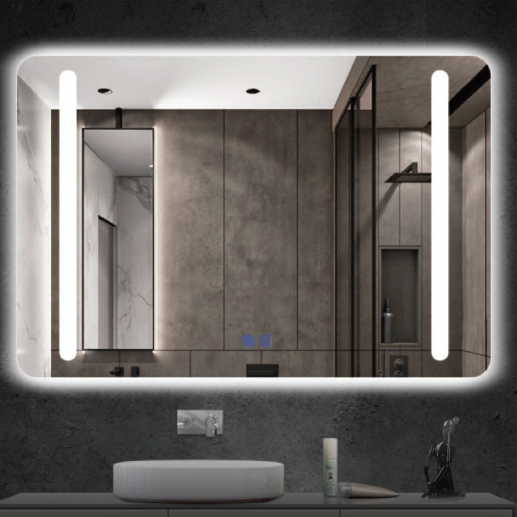 Rectangular LED bathroom mirror with front light, anti-fog pad and touch control kwm s014